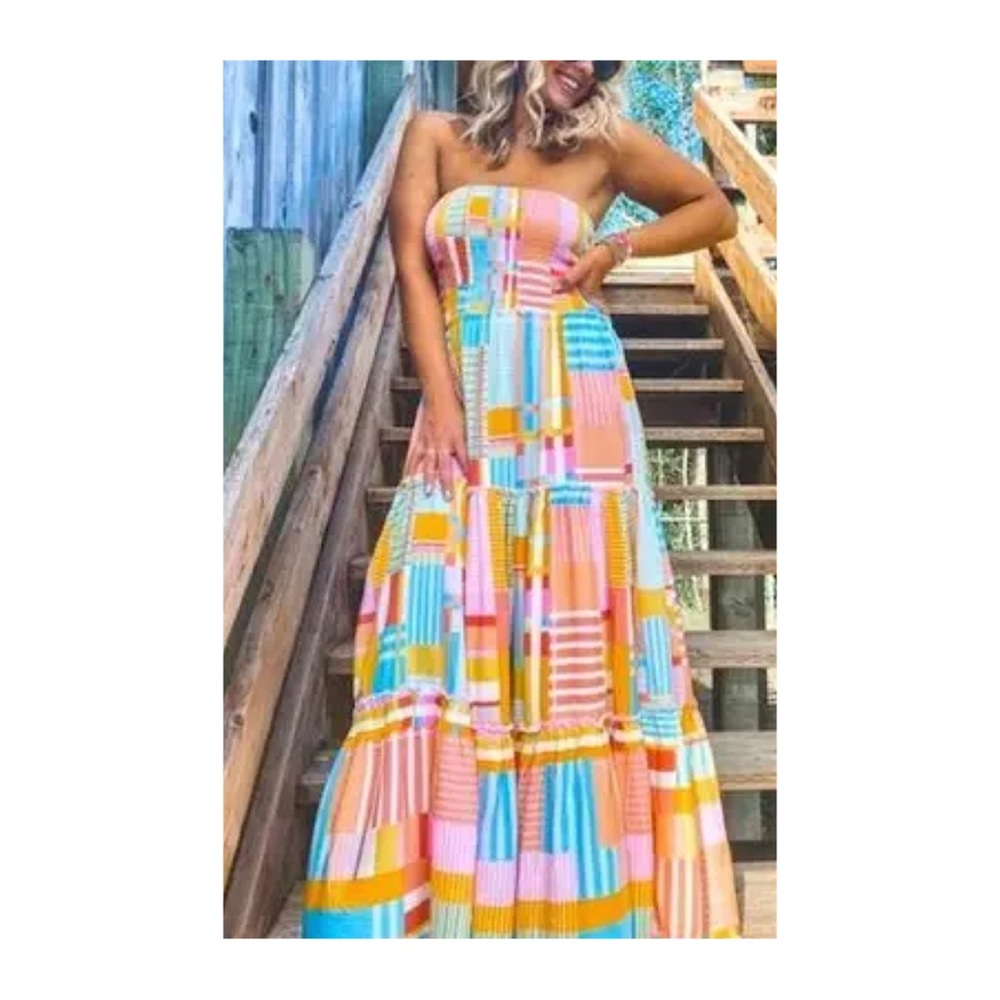 Anthropologie Abel The Label multi colored smocked Strapless Maxi Dress
Med, EUC